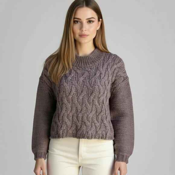Tibi Cropped Cable Knit Sweater Women’s Medium Mock Neck Mixed Wool Blend Brown - Picture 1 of 13
